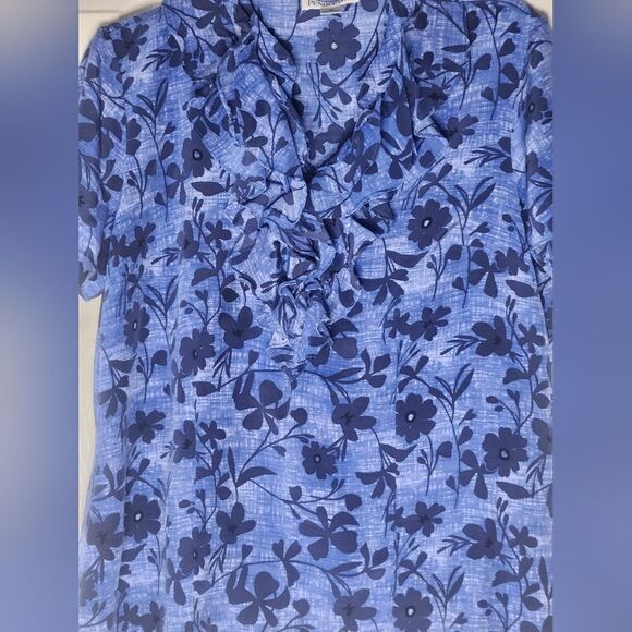 Pendleton 14 Blue Floral 100% SILK Ruffle V Neck Shrtslv Women's Blouse - Picture 6 of 8